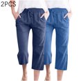 thumbnail image 2 of Timegard 2pc Capri Pants for Women Cotton Linen Elastic Waist Loose Lounge Crop Pants Pockets Solid Color, 2 of 7