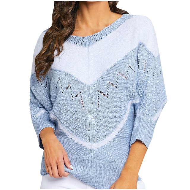Chandail Mignon pour Femmes Chandail à Col Rond pour Femmes Chandail Ample à Rayures Ajourées Manche Chandail Tricoté Hauts Chandail d'Hiver pour Femmes P-269 Bleu TG