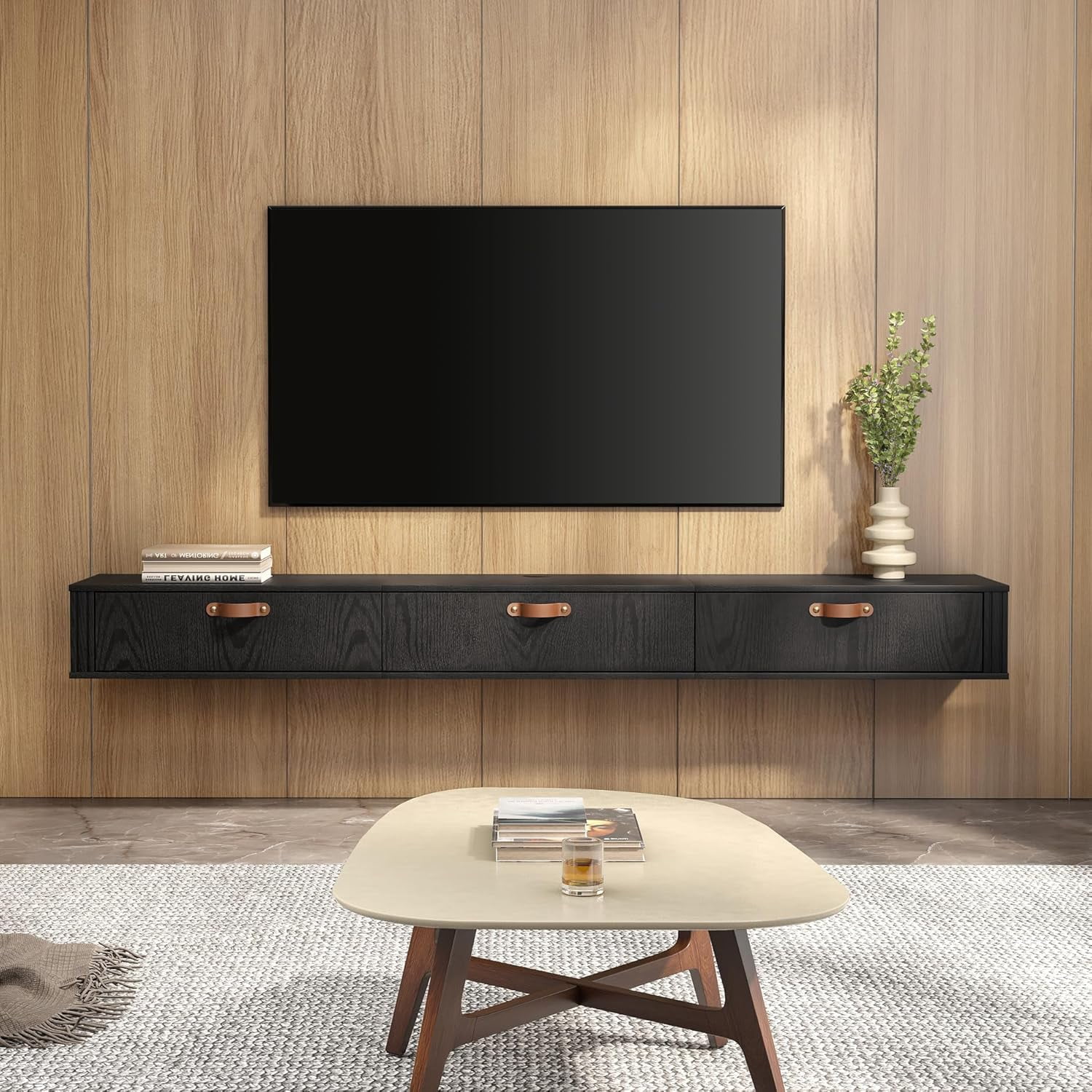 FITUEYES Black Floating TV Stand, 70" Modern Media Console Entertainment Center with 3 Flip-Down Doors for Living Room, Bedroom