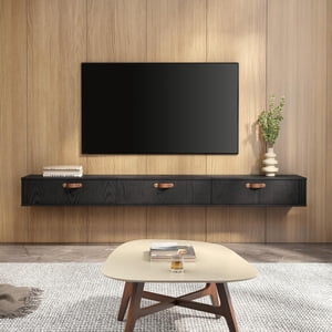 FITUEYES Flottant noir TV Restez debout. 70" Modern Media Console Entertainment Center avec 3 Flip-Down Portes pour le salon, Chambre