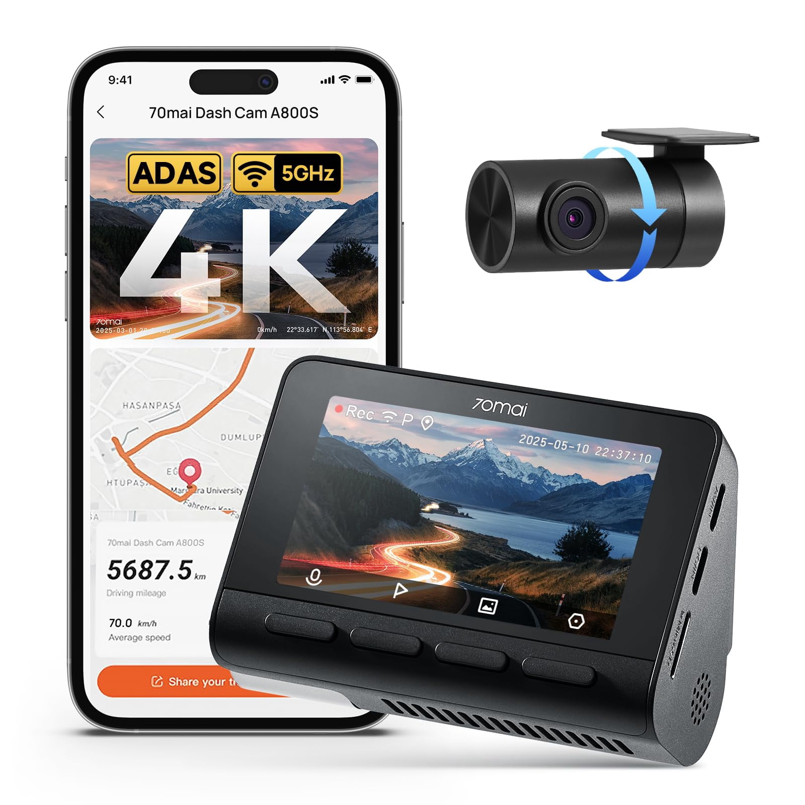 70mai 4K Dash Cam Front and Rear with STARVIS, Built in 5GHz WiFi & GPS Car Camera, Super Night Vision, ADAS, 3'' IPS Screen, 24H Parking Mode, Time-