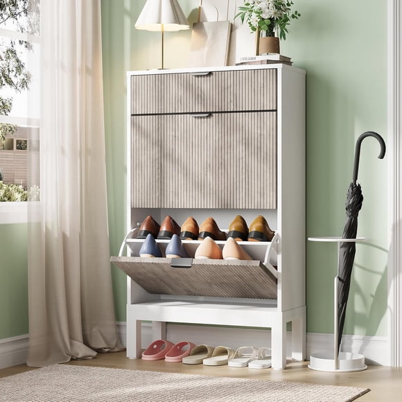 Shoe Cabinet with 2 Flip Drawers, Entryway Cabinet with Adjustable Shelves, Accommodate 8 to 12 Pair of Shoes, Space Saving Slim Shoe Cabinet for Entryway, Hallway, Front Door, White Grey