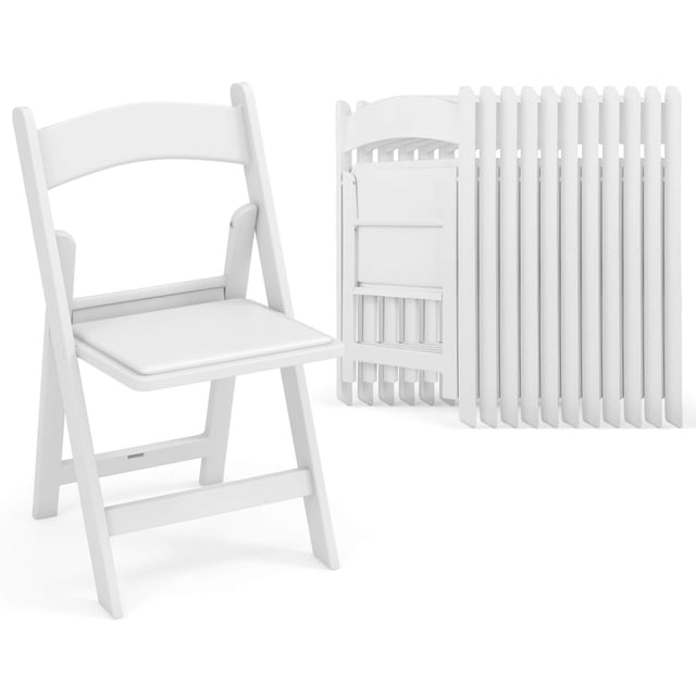 Costway 12 Pack Resin Folding Chairs with Padded Seat, featuring a durable white resin frame and soft padded seat for comfort. Shown in unfolded and folded positions, these quick-folding chairs are ideal for patio furniture, outdoor seating, weddings, and parties. All-weather resin construction resists sun damage and fading for extended outdoor use.