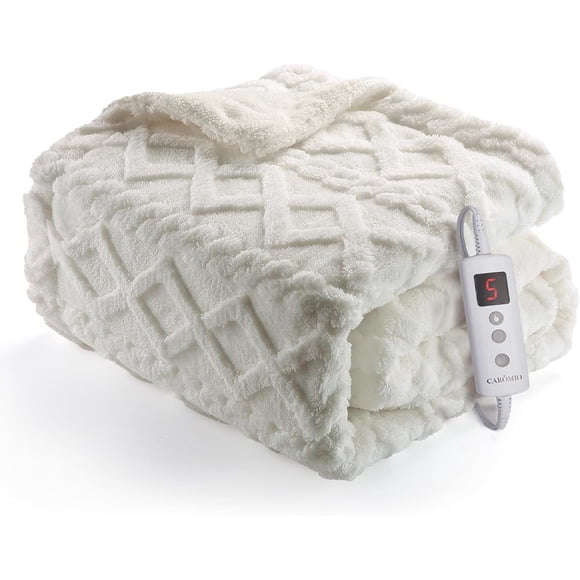 Couverture Chauffante Jetée - Couverture Électrique en Sherpa Épaisse Tuftée Lavable à la Machine avec 10 Niveaux de Chauffage et 10 Réglages de Minuterie, Couverture Jetée à Chauffage Rapide 50"X60 Pouces, Blanc