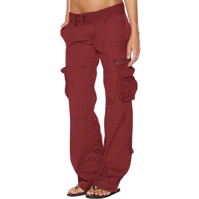 Jsaierl Womens Cargo Pants Elastic Waisted Button Straight Wide Leg Pants Solid Color Lightweight Running Trousers with Flap Pockets
