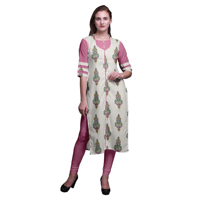 Bimba Kurti Droite en Rayonne Slub à Manches 3/4 Tunique Imprimée Haut Vêtements d'Été