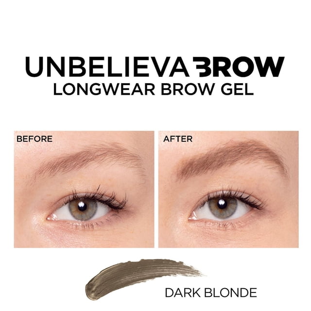 L'Oreal Paris Unbelieva-Brow gel à Sourcils Teinté Imperméable en Blond Foncé avec Brosse Inclinée à Double Extrémité et Applicateur pour Sourcils Duveteux, Montré en Gros Plan Centré, Conçu pour Combler, Épaissir et Sculpter les Sourcils avec une Formule Longue Tenue jusqu'à 48 Heures, Sans Bavure, Sans Transfert et Résistant à la Sueur.
