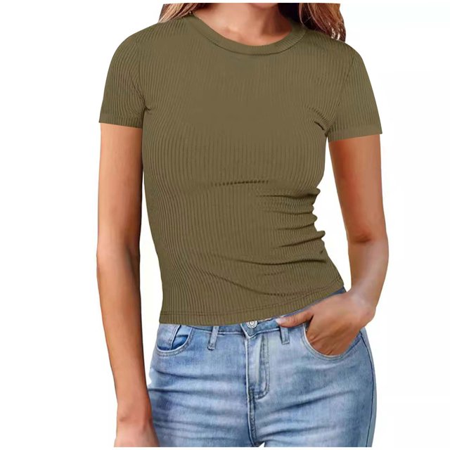 Plebaso Women's Basic T Shirts Ribbed High Neck Slim Tee Shirts Short Sleeve Casual Solid Color Tshirts