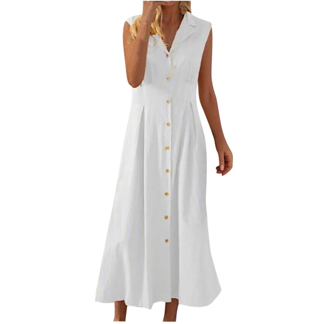 Amzcrzy Robes pour Femmes Couleur Unie Sans Manches Robes de Printemps Col en V à Boutons Robe d'Été Confortable Robe en Coton et Lin Tendance Col Rabattu Robes Maxi