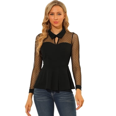 INSPIRE CHIC Blouse Transparente en Maille pour Femme à Manches Longues, Col Rabattu, Goutte d'Eau, Haut Péplum