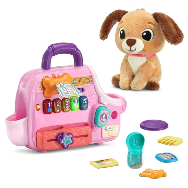 VTech Porte-Chiot Pattes MignonnesTM avec Chiot en Peluche Beige et Brun, Porte-Chiot Interactif Rose avec Poignée Violette, Boutons Numérotés Enseignant les Couleurs et les Formes, Décalcomanies de Notes de Musique, et Accessoires de Soins pour Animaux Incluant Peigne, Friandises, Bouteille d'Eau et Jouet Téléphone, Idéal pour les Tout-Petits de 12 à 36 Mois pour Encourager l'Apprentissage et le Jeu de Rôle.