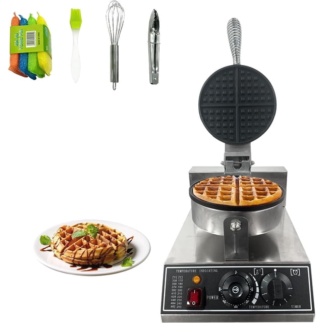 Commercial Waffle Maker,1200W Stainless Steel Nonstick Round Waffle Iron with 122℉ to 572℉ Temp Range & Time Control,for Household Bakeries Snack Bar,Black