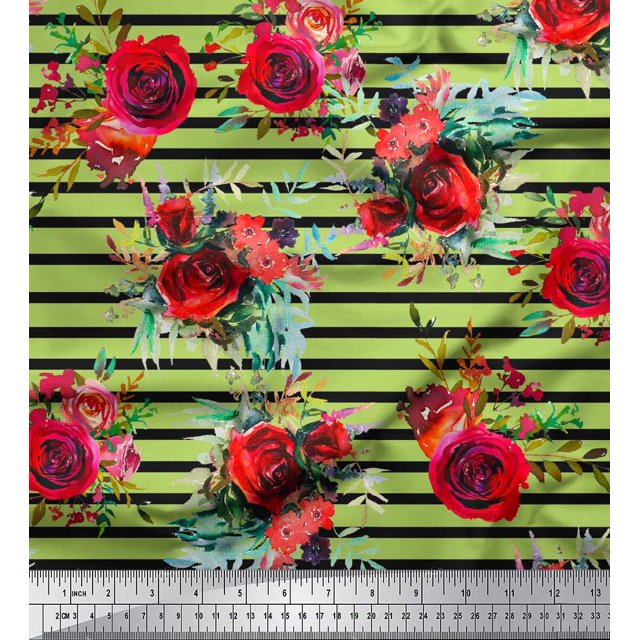 Soimoi Rayon Fabric Leaves & Rose Flower Print Sewing Fabric Yard 56 Inch Wide