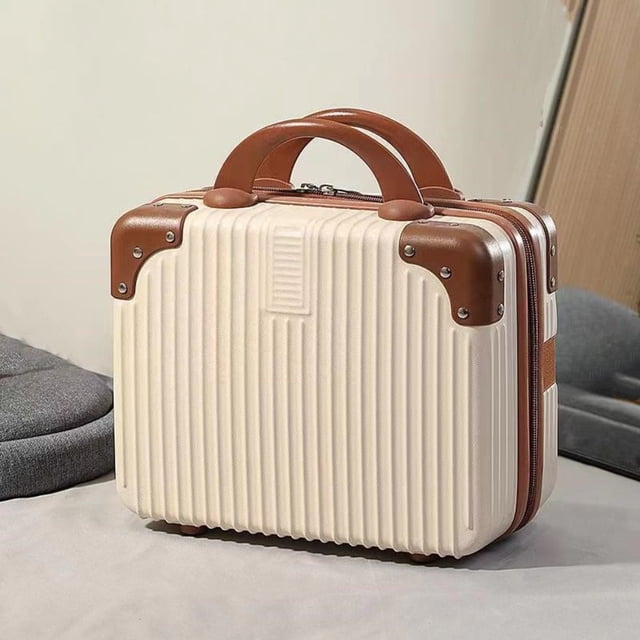 14 inch Mini Travel Suitcase Cosmetic Box Hand Luggage Organizer Makeup Case Small Password Box Boarding Case with a ribbed ABS plastic exterior in cream and brown accents. Features reinforced corners, a sturdy handle, and a zipper closure, perfect for organizing makeup, brushes, and travel essentials.