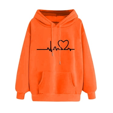 Bmisegm Women's Casual Printed Long-sleeved Hooded Sweater Casual Sweatshirts for Women Orange XXL