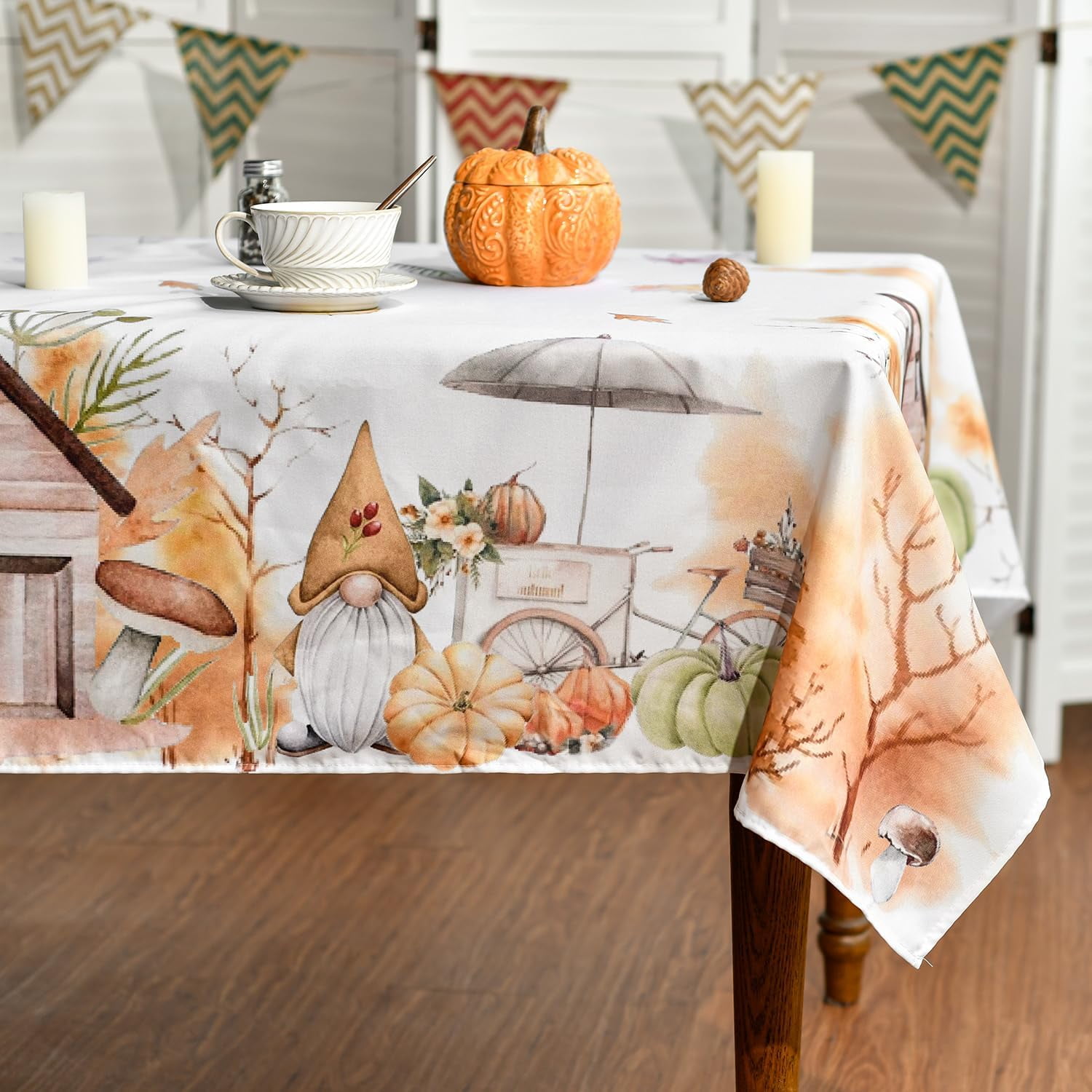 Fall Tablecloth 60x120 Inch Rectangular, Thanksgiving Autumn Harvest Cabin Gnomes Bike Table Cover for Party Picnic Dinner Decor