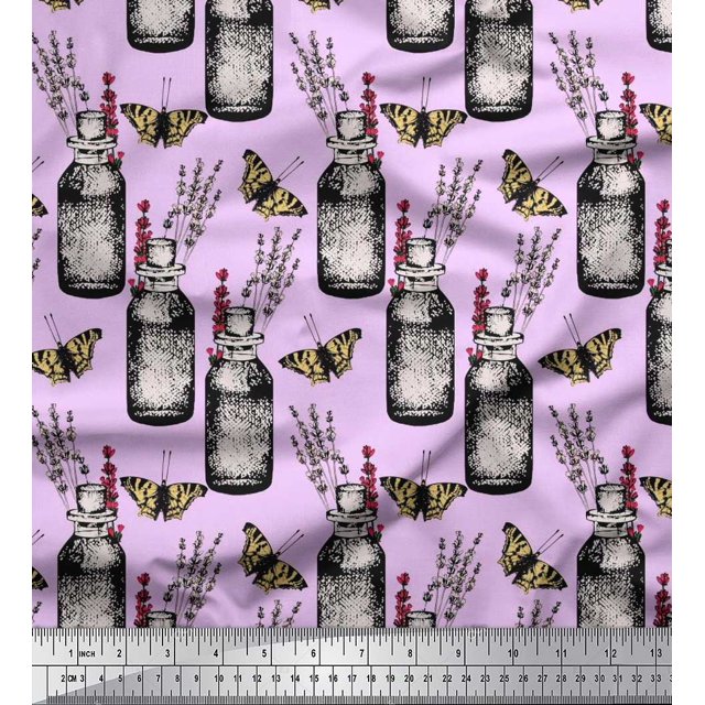 Soimoi Purple Polyester Crepe Fabric Insect,Lavender & Vintage Bottle Decor Fabric Printed BTY 42 Inch Wide