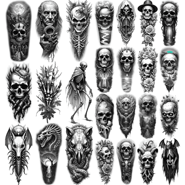 12 Realistic Temporary Tattoos, Waterproof Long Lasting Body Stickers Horror Skull Adult Men Tattoo Stickers Arm Leg Thigh
