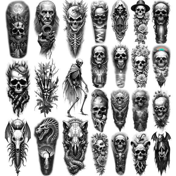 12 Realistic Temporary Tattoos, Waterproof Long Lasting Body Stickers Horror Skull Adult Men Tattoo Stickers Arm Leg Thigh