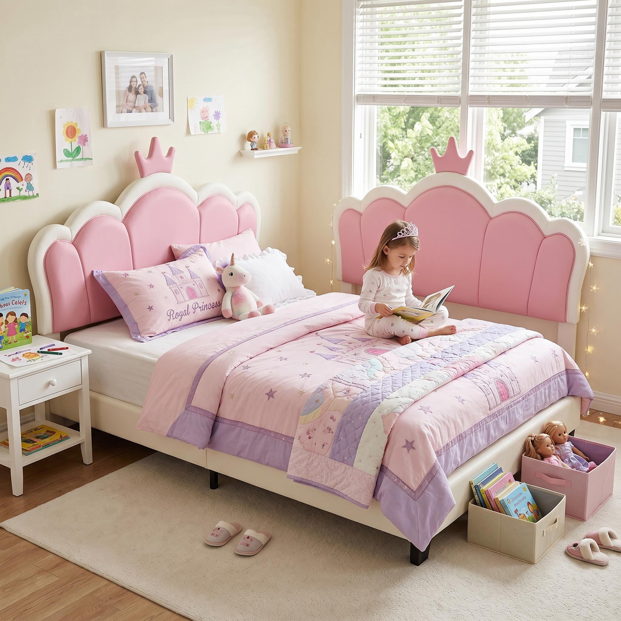 Lit princesse taille complète Homy Casa, rose crème, tête de lit couronne, cadre PU et bois, capacité 500 lb, chambre enfant, montage facile