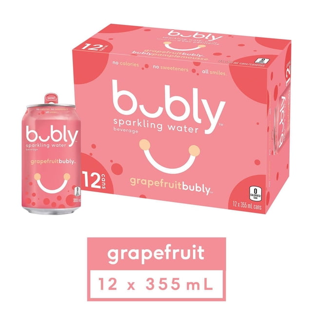 Bubly Grapefruit Sparkling Water 12-pack of 355 mL cans with pink packaging and one can shown, featuring natural grapefruit flavor, zero calories, no sweeteners, and refreshing sparkling water suitable for hydration and sharing.