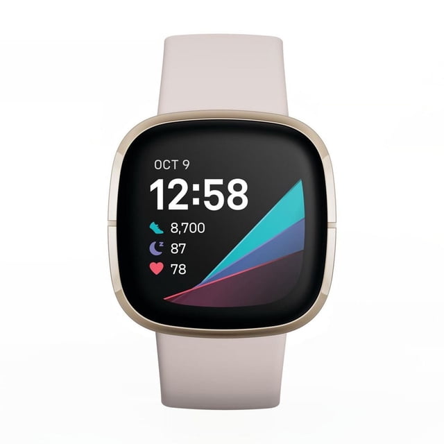 Fitbit Sense Advanced Health Smartwatch with gold-tone square case and beige silicone strap, showing time 12:58, date Oct 9, step count 8,700, sleep score 87, and heart rate 78 on touchscreen, designed for advanced health and stress monitoring.