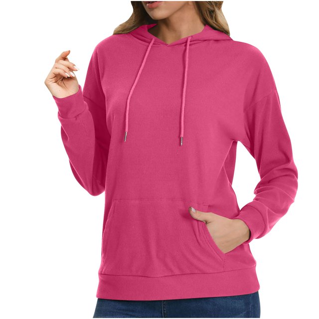Swstbby Liquidation d'Automne! Hauts d'Automne pour Femmes Grande Taille, Chandail à Capuche à Manches Longues Col Rond Couleur Unie Rose Vif G