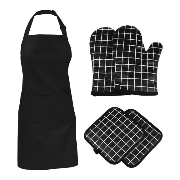 Riwcyla 5pcs Oven Mitts Pot Holders With Pocket and Apron Cotton Lining Silicone Coating Surface Heat Resistant Kitchen Glove with Printed Grids Pattern Resistant Apron for Kitchen Cooking Baking B