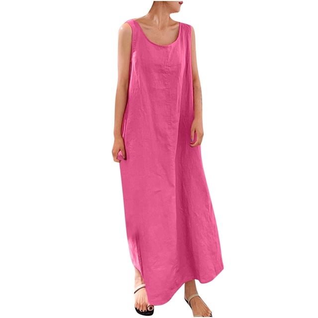 Mrat Blouses pour Femmes Chic Décontracté Robe à Col Rond Longueur Cheville Mode pour Femmes Coton et Lin Col Ras du Cou Ample Sans Manches Unie Robe Courte