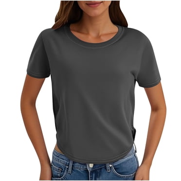 Womens Clearance Plus Size Tops,Summer Short Sleeve Blouse Tops for Womens,Women's New Round Neck Short Sleeve Irregular Hem Solid Color Casual Top T-shirt