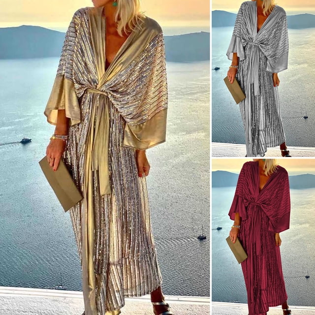 Neinkie Robe d'Automne pour Femmes à Col en V Profond, Manches Chauve-Souris, Laçage, Ourlet Fluide, avec Paillettes Scintillantes, Encolure en V Profonde et Manches Chauve-Souris. Cette Élégante Robe de Vacances Style Cardigan Longueur Cheville avec Taille à Laçage et Ourlet Fluide, Offerte en Plusieurs Couleurs. Idéale pour les Mariages, les Fêtes, les Vacances et les Sorties Décontractées.