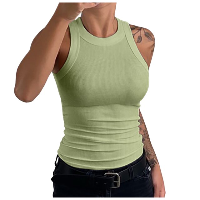 MIASHUI Camisole pour Femme Sans Manches Côtelée Chandail de Base Été Décontracté Sortie Vêtements, Vert, TG