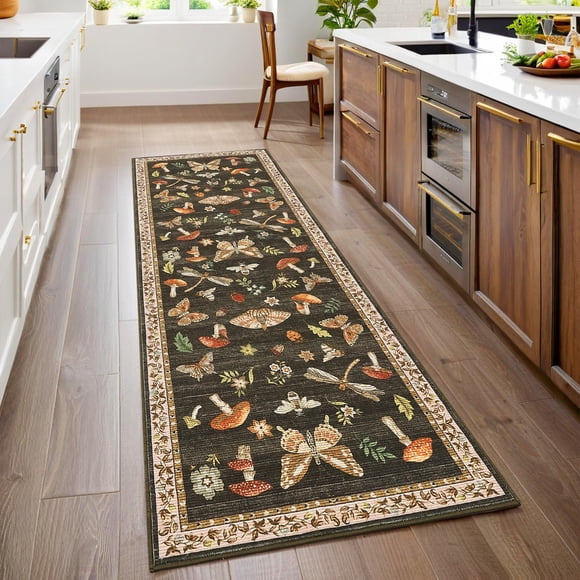 2x6 Runner Rug Washable Butterfly Mushroom Rug for Hallway Non Slip Kitchen Rugs Non Shedding Soft Bedside Runner Thin Foldable Insect Accent Carpet Runners for Bathroom Entryway, Brown