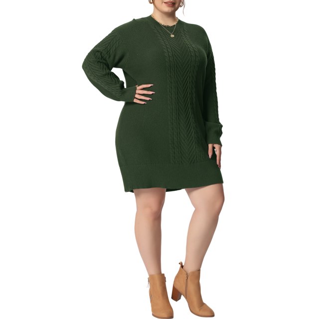 Robe Chandail Grande Taille GRACE & GRANDEUR pour Femmes à Manches Longues en Tricot, Chandail Court, Robes Chandail Armée 2X Vert Armée