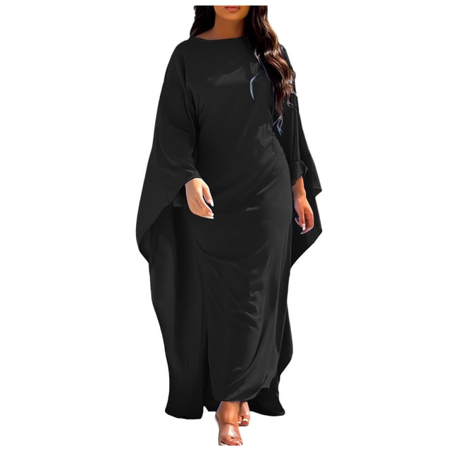 Wijhcboe 2025 Robe de Soirée en Satin Mode Hijab Robe Fille Abaya Femmes Musulmanes Manches Hijab pour Femmes Élégante Unie Col Rond Robes Hijab pour Femmes Manches Chauve-Souris Turques Ample Robe Maxi Vêtements pour Femmes