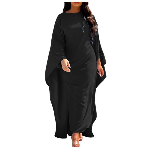 Wijhcboe 2025 Fashion Satin Party Dress Hijab Girl Robe Abaya Muslim Women Hijab Sleeves for Women Elegant Solid Round Neck Hijab Dresses for Women Turkish Bat Sleeves Loose Maxi Dress Women Clothes