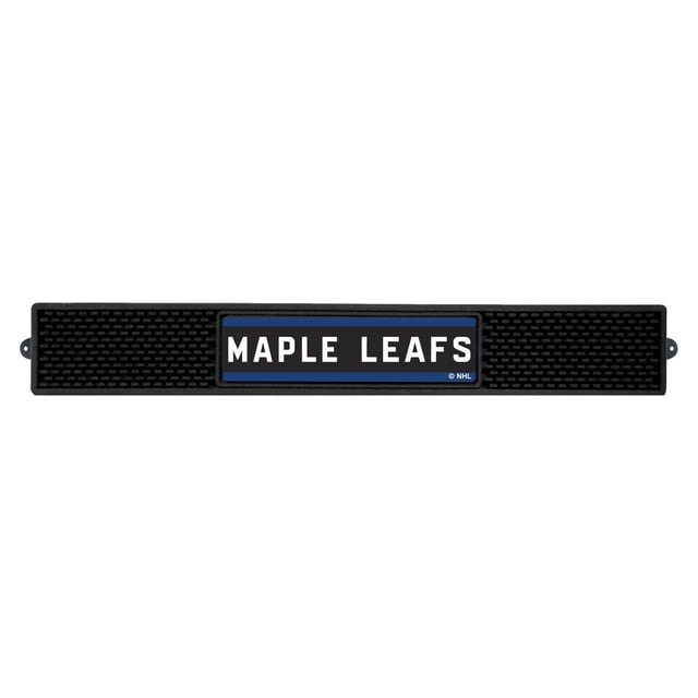 LNH - Maple Leafs de Toronto Tapis à Boisson 3,25 Pouces X 24 Pouces Montrant un Tapis de bar en Caoutchouc Noir avec des Extrémités Texturées à Prise et un Panneau central Bleu Mettant en Vedette le logo « Maple Leafs » Moulé en 3D Blanc en Vrais Couleurs d'Équipe, Conçu avec des Puits de 1/4 Po de Profondeur pour Recueillir les Déversements et la condensation, Idéal pour Protéger les surfaces pendant le service de Boissons.
