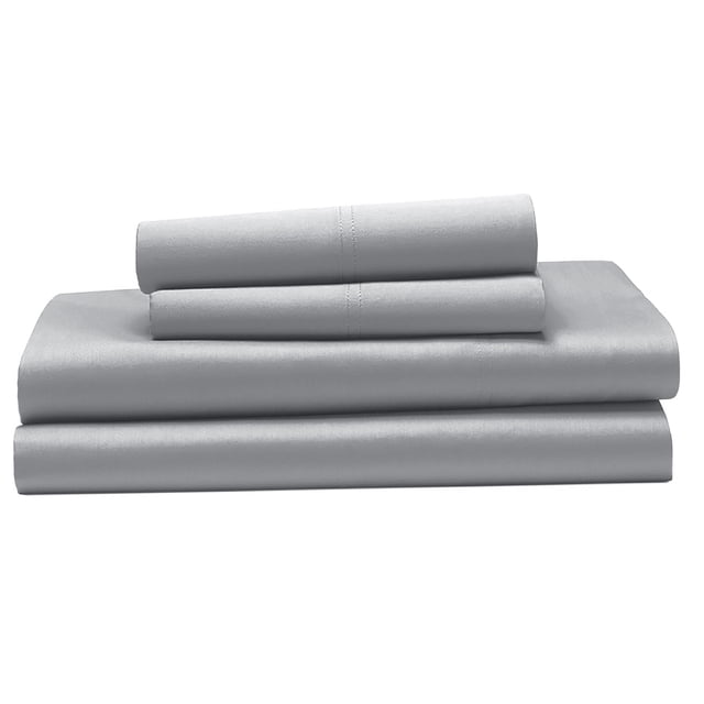 Hometrends 300 TC Brushed Percale Flat Sheet set in light grey, neatly folded with visible stitching, made from 100% cotton percale fabric with a brushed finish for softness and breathability, ideal for bedding and bedroom use, often used as a lightweight cover layer.
