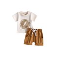 thumbnail image 1 of Faithtur Toddler Boys Summer Outfit Sets Short Sleeve Letter Pattern Print Tops + Brown Drawstring Shorts, 1 of 8