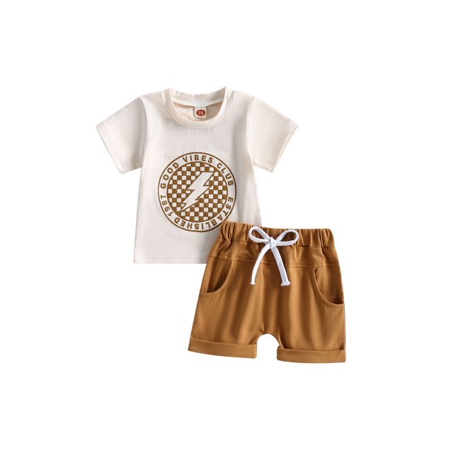 Faithtur Toddler Boys Summer Outfit Sets Short Sleeve Letter Pattern Print Tops + Brown Drawstring Shorts