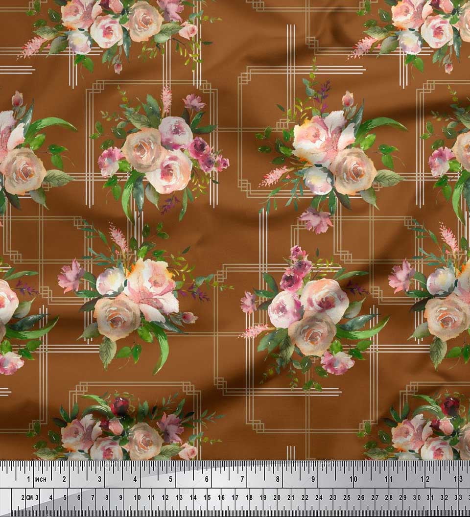 Soimoi Tissu Brun en Georgette Viscose, Imprimé Floral Feuilles et Roses, Vendu au Yard, 42 Pouces de Large