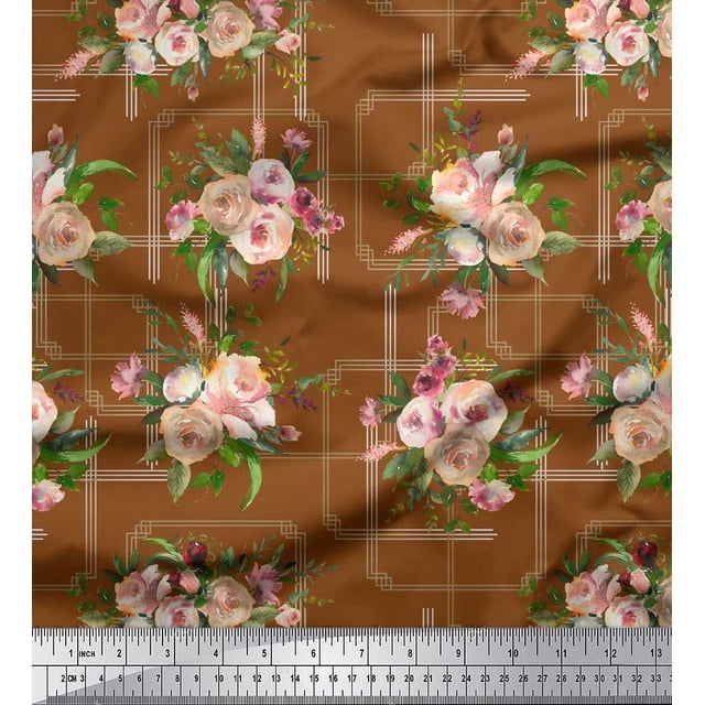 Soimoi Satin Lourd Brun Tissu Feuilles et Roses Imprimés Floraux au Mètre 54 Pouces de Large