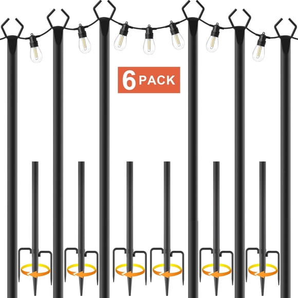 10FT String Light Poles 6 Pack with Fence Brackets – Heavy Duty Metal Stand for Outdoor String Lights, Freestanding or Mounted on Fence/Deck/Patio, Easy Assembly Garden Backyard Lighting Poles
