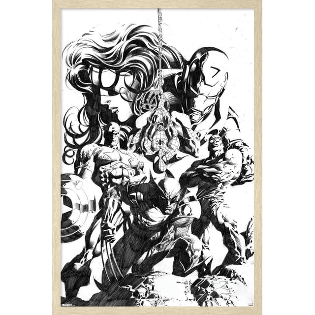 Marvel Sketch - Group Wall Poster, 14.725" x 22.375" framed, featuring a black and white pencil sketch of Marvel superheroes including Spider-Man hanging upside down from a web in the center, Wolverine crouched with claws extended, Iron Man behind, and other heroes like Captain America and Cyclops, detailed with dynamic shading and strong line work, ideal wall art for home décor or office.