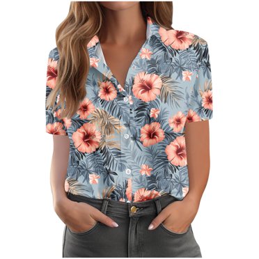 Women's Button Down Shirts Hawaiian Tropical Print Beach Short Sleeve Collared Sumemr Tops Coverups (2XL, Gray)