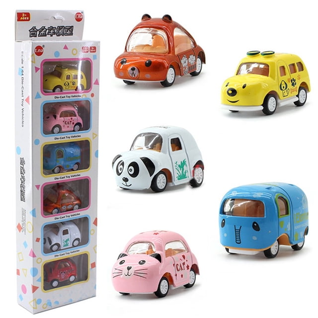 Pull Back Toy Cars Set of 6 Metal Cartoon Shaped Little Cute Car Model Gift Pack for Kids