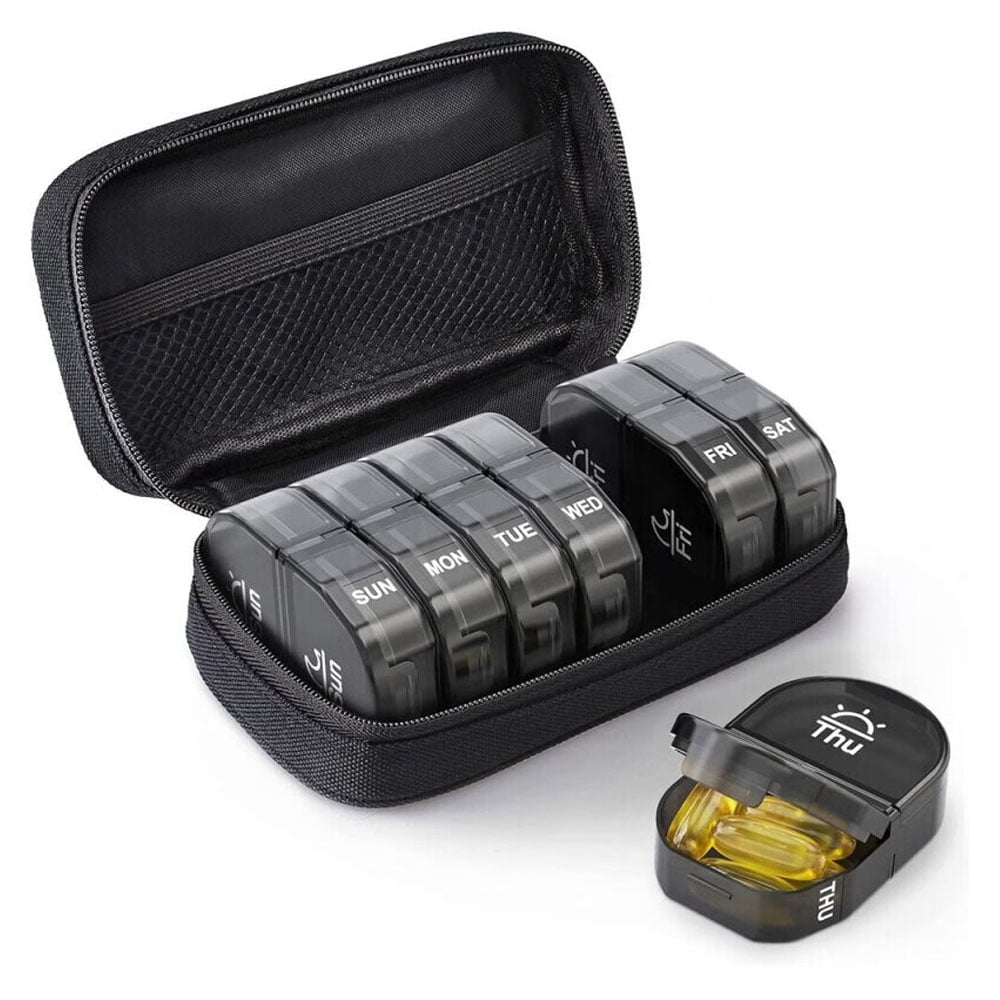 Mistaha Black Leather Pill Organizer Case 14 Grids Portable Compact Pill Holder Weekly Medicine Box Organizer for Home Travel Office