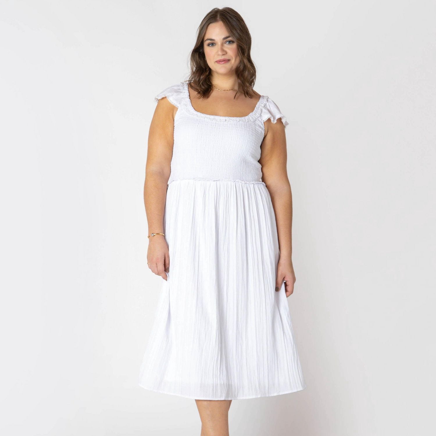 Devoted Women’s Plus size sleeveless midi dress with shoulder ruffle