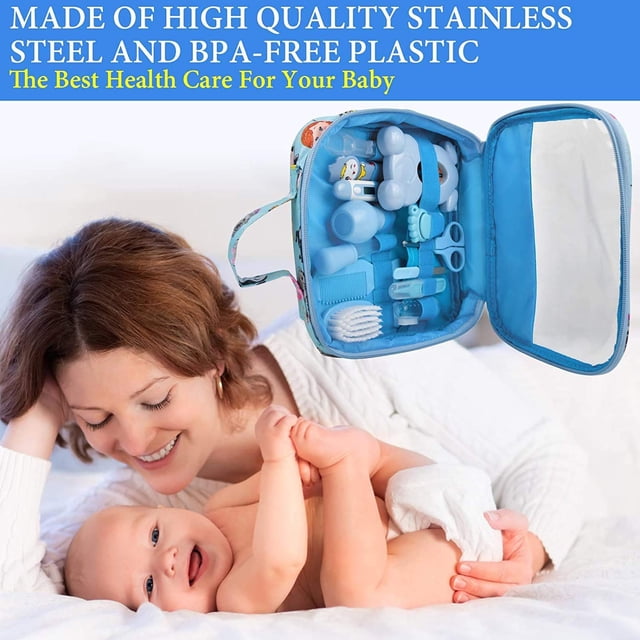 Baby Care Set, 14Pcs Baby Grooming Kit featuring nail clippers, safety scissors, a hairbrush, and other essential tools, displayed in a blue zippered case with organized compartments. The kit is made of stainless steel and BPA-free plastic, suitable for baby grooming needs.