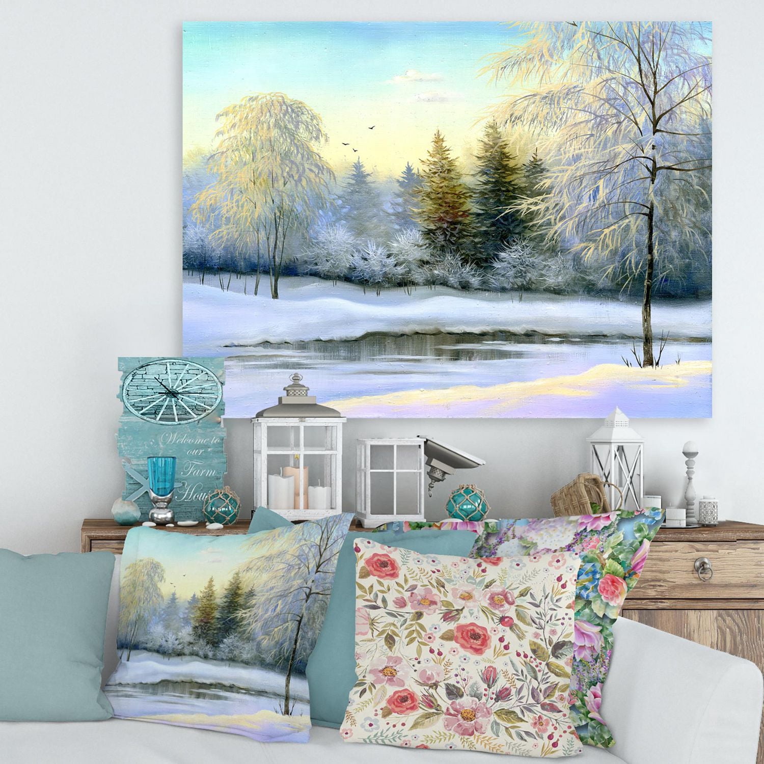 Designart Green Trees In Beautiful Winter Landscape Canvas Wall Art